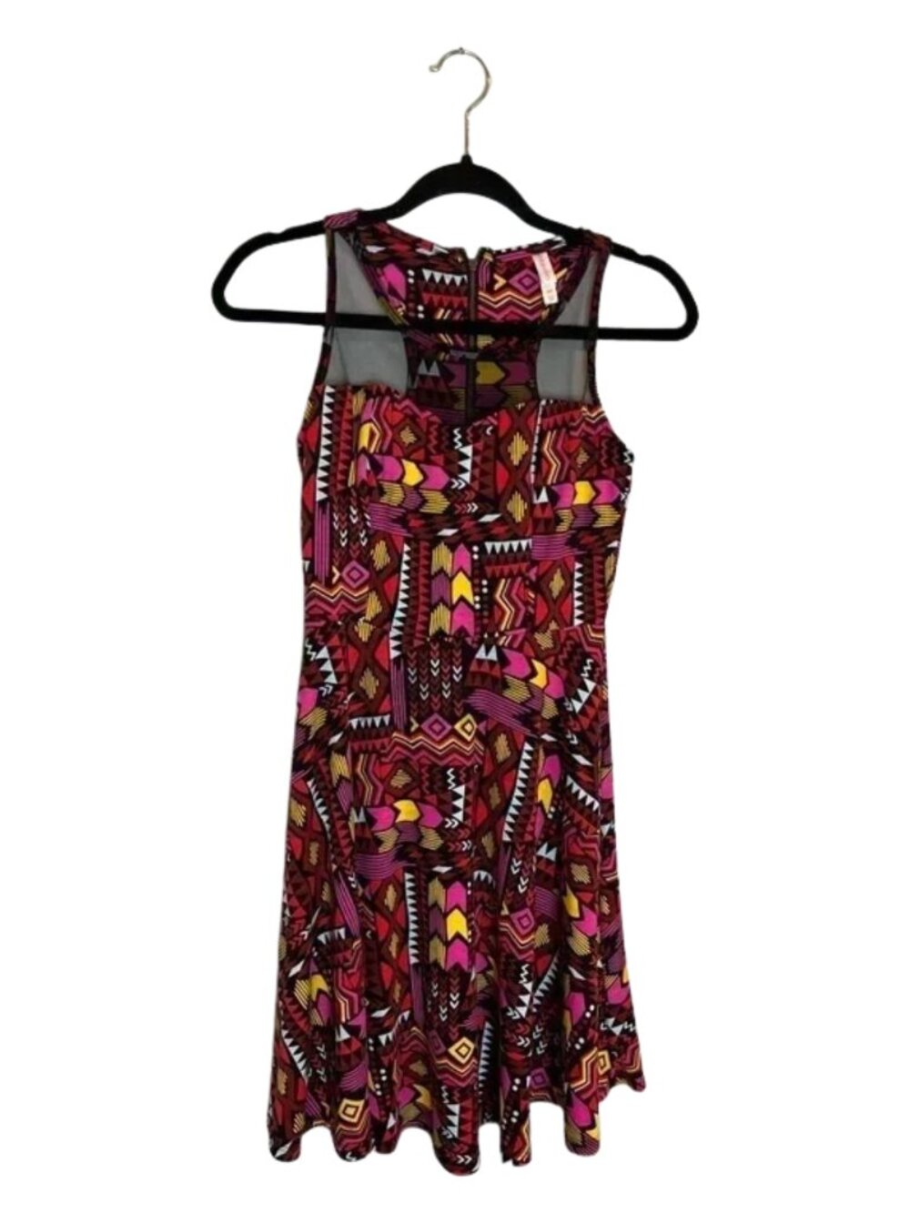 Xhilaration Women's Geometric tribal Aztec Print Pettie Dress With Sheer Black M